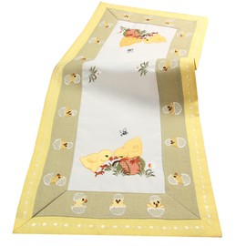 Oster-Tischdecke, Tischläufer mit Küken-Motiv, Weiß-Gelb, Dekorative Tischdecke mit Stickerei, Polyester (40x90_cm)