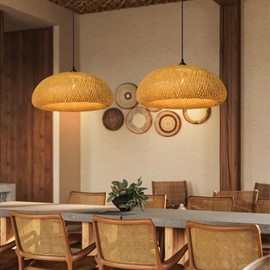 WalmHomie 1 Light Bamboo Woven Light Fixture Farmhouse Chandelier Natural Handmade Large Pendant Lampshade for Kitchen Island Living Room Bars Shops, 19.68''W x 7.87''H