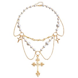 Sroozior Gothic Pearl Cross Stacked Necklace, Gold Layered Pearl Necklace, Y2K Layered Tassels Cross Choker Bride Wedding Prom Dress Jewelry for Women (B)