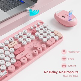 GTSP Pink Typewriter Keyboard Wireless Mouse Combo, Cute Keyboard 2.4G Office Full-Sized Retro Keyboard with Round Keycaps for Laptop PC Desktops（Pink）