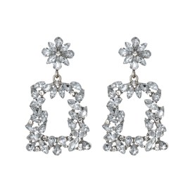 BriLove Statement Drop Earrings Boho Bohemian Style Rhinestone Marquise Rectangle Flower Crystal Geometric Dangle for Women Clear Silver-Tone