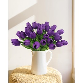 MACTING 30 PCS Artificial Tulip Flowers 13.7" Real Touch Fake PU Tulips Bouquet Faux Purple Flowers for Floral Arrangements Table Centerpiece Kitchen Home Indoor Outdoor Summer Decorations