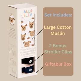 All4Ella Muslin Blanket with Stroller Clips Gift Set | Breathable Lightweight Organic Cotton Muslin Swaddle with 2 Clips | Cute Puppy Pattern | Baby Boys & Girls | Newborn to 2 Yrs