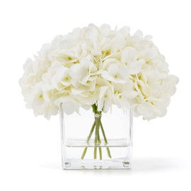 rubystory Silk Hydrangea Artificial Flowers in Vase with Faux Water, Silk Flower Arrangements in Vase for Wedding, Dining Table, Living Room (Cream White)