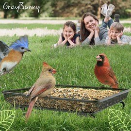 Gray Bunny Bird & Squirrel Feeder Tray 11x11 Inches, Cardinal, Blue Jay, Crow, Wild Large Bird Feeders for Outdoors, Outside Free Standing Metal Hopper Bowl Feeding Platform