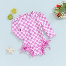Yccutest Toddler Rash Guard One Piece Swimsuit Baby Girl Long Sleeve Ruffles Swimwear Zipper Bathing Suit Checkerboard Outfit (Pink,18-24 Months)