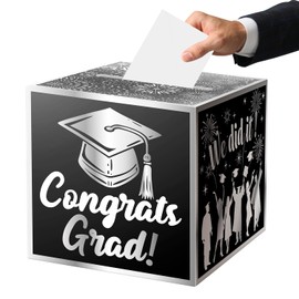 JWSCYSY Graduation Card Box Holder, Congrats Grad Foldable Cardboard Decorations Box for Graduation Party Favors Decor Party Supplies (Black Silver)