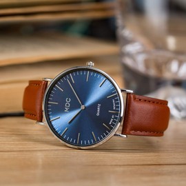 Infantry Mens Brown Leather Watch Analogue Quartz Wrist Watches Designer Gents Wristwatch for Men Minimalist Ultra Thin Slim Business Casual Leisure Deep Blue