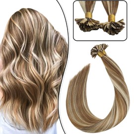 Ugeat Highlight Golden Brown with Bleach Blonde U Tip Hair Extensions Human Hair 16 Inch Hot Fusion U Tip Human Hair Extensions #P10/613 Keratin Hair Extensions 50G Pre Bonded Nail Tip Extensions
