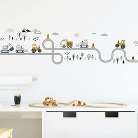 Cartoon Cars Wall Stickers Wall Decals Nursery Baby Children, Truck Tractor Bulldozer Roud Line Excavator Kids Room Decor Wall Decoration Mural