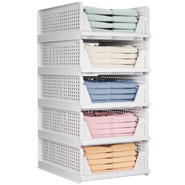 TidyIsles Wardrobe Storage Organiser - 5 Pack Folding Closet Organisers, Stackable Storage Boxes, Plastic Drawer Organiser Basket for Bedroom Kitchen Bathroom White