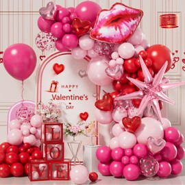 Bonropin Bonropin 152pcs Valentines Day Balloon Arch Garland Kit with Hot Pink Red Pastel Pink Confetti Balloons Heart Lip Explosion Star Foil Balloon for Anniversary Wedding Romantic Bachelorette Decorations