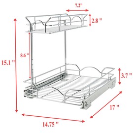 OCG Under Sink Cabinet Organizer Two Tier Pull Out Shelf (14.75W x 17D), Under Sink Sliding Shelf for Kitchen Bathroom Cabinet 2 Tier Chrome