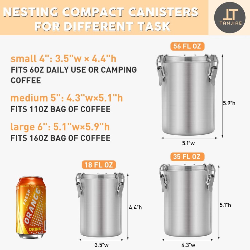 Tanjiae Compact Stainless Steel 100% Airtight Canisters Sets for Small