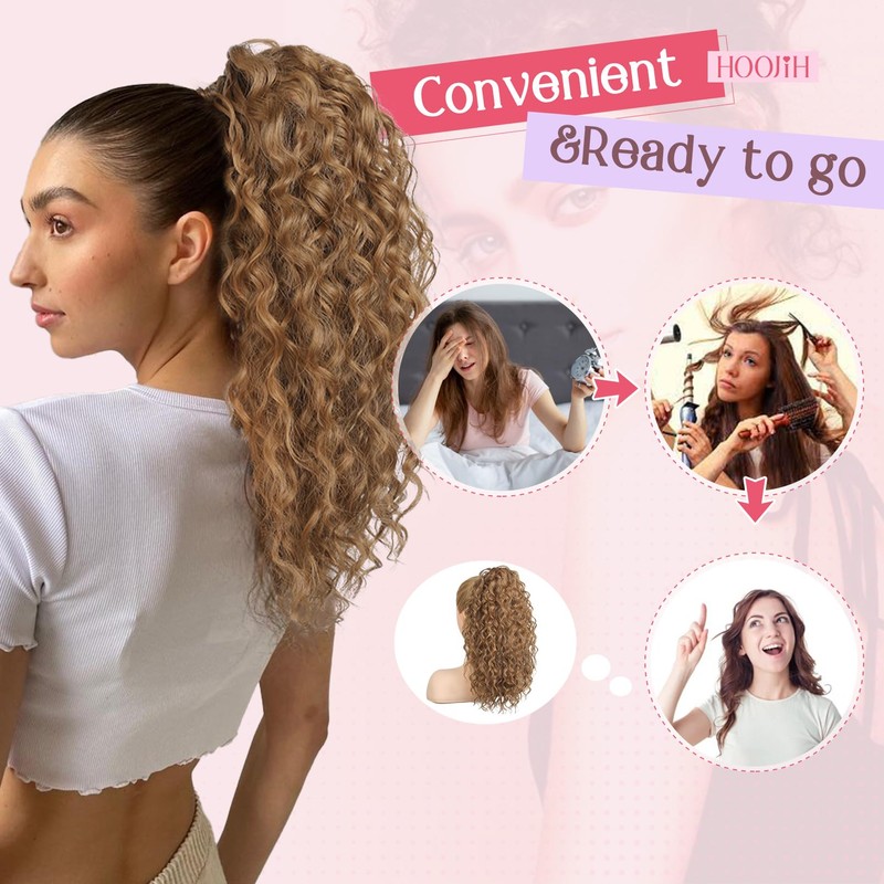 HOOJIH Ponytail Extension, Curly Wavy Drawstring Ponytail Hair Extensions Extra