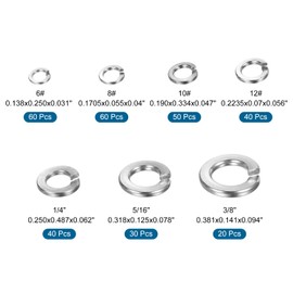 sourcing map 300Pcs #6#8#10#12 1/4" 5/16" 3/8" 304 Stainless Steel Split Lock Washer and Kit for Screw Bolts Machinery