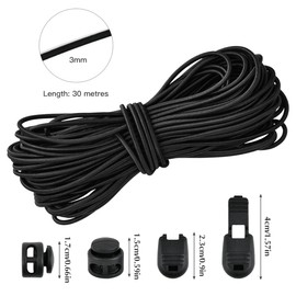 OctBird 30 m Elastic Rubber Cord, 3 mm Elastic Cord, Rubber Cord Black with 20 Pieces Zip Pull Cord, 20 Pieces Double Hole Spring, Highly Elastic Rubber Cord for Shoelaces, Washing Lines