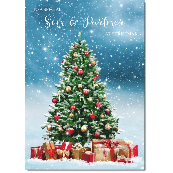 doodlecards Son and Partner Christmas Card Christmas Tree and Parcels