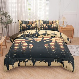 Helloosuu Deer Comforter Sets Queen 5PCS with Sheets,Deer and American Flag Comforter Set for Hunter Bedroom Decor,Deer Bedding Queen,Bedding Set for Boys Adult Teens