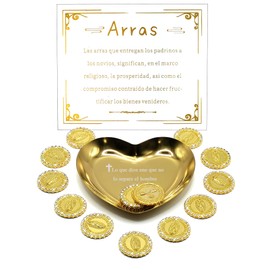 FANYX Arras Para Boda Católica, Juego de monedas de boda Arras De Boda con 13 monedas Virgen De Guadalupe Aras y caja de decoración para ceremonia. (Oro)