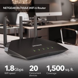 NETGEAR 4-Stream WiFi 6 Router (R6700AX) – Security Features, AX1800 Wireless Speed (Up to 1.8 Gbps), Covers up to 1,500 sq. ft., 20 devices