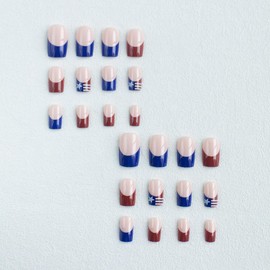 4th of July French Tip Press on Nails Short Square Fake Nails Full Cover Nude Pink with Stars Nail Tip False Nails Independence Day Press on Nails for Women Holiday Wear Nails DIY Decoration 24Pcs