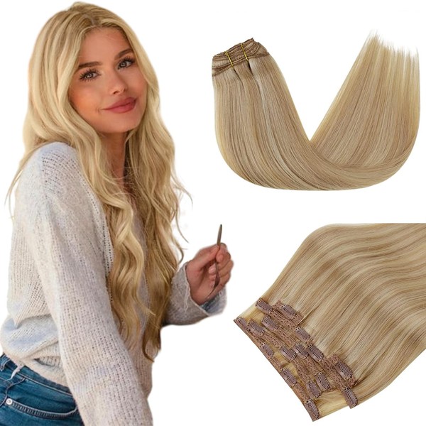 RUNATURE Blonde Clip-In Real Hair Extensions Gold Blonde with Light Blonde Clip-In Hair Extensions, Real Hair Short Clip-in Real Hair Extensions Blonde, 25 cm, #16P24 80 g