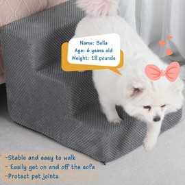 Dog Stairs for Small Dogs & Cats, 3-Step Non-Slip Pet Steps for Couch Sofa and Chair, Grey, 13.6" H