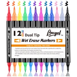 Wet Erase Markers Dual Tip, Lazgol 12 Assorted Colors, Dual Tip Brush & Fine Overhead Transparency Smudge Free Markers for Dry Erase Whiteboard, Refrigerator Calendars, Glass, Films and Any Kind of
