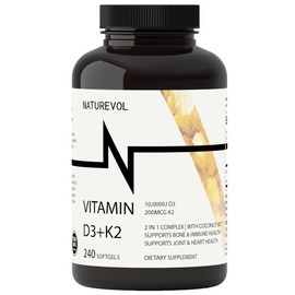 NATUREVOL Vitamin D3 + K2 with Coconut Oil - D3 10,000 IU & K2 (MK-7) 200 mcg | 2-in-1 Bone, Immune, Heart & Joint Support | High Potency, Easy to Swallow | Non-GMO, Gluten & Soy Free - 240 Softgels
