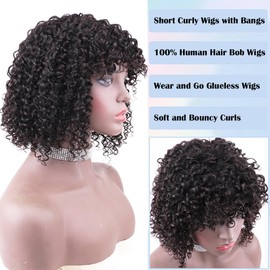 ZHENLISI Short Curly Bob Human Hair Wig with Bangs 100% Human Hair Glueless Wear and Go No Lace Wig Machine Made Water Wave Bob Wig for Black Women Natural Black Color 12 inch