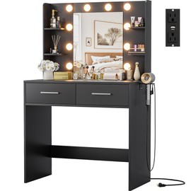 JUMMICO Makeup Vanity Desk with Mirror and Lights Power Outlet, Vanity Table Makeup Desk 2 Drawers, 6 Storage Shelves Hairdryer Holder Dressing Table for Bedroom (Black, No Bench)