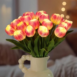 20pcs Pre-Lit Eternal Tulips Bouquet Real Touch Artificial Tulip Light, LED Lighted Tulip Flower for Her Gift Home Kitchen Wedding Festival Table Decor (Hot Pink)