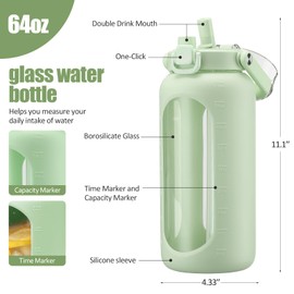 BLUEGO 64oz Glass Water Bottle with Handle and Straw, Motivational Sports Water Bottle with Time Marker and Silicone Sleeve Leakproof Drinking Bottle for Travel Gym Workout, Light Green