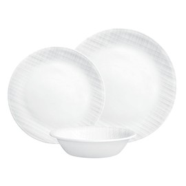 Corelle Dinnerware Set, 12-Piece, Linen Weave, Tempered Glass, Dinner Plates, Side Plates & Bowls, 3X More Durable, Half The Space & Weight of Ceramic, 1146908