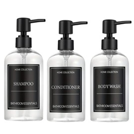 Seifenspender für Bad | Set mit 3 Dosen für Shampoo und Conditioner 500 ml mit schwarzen Etiketten | Dieser Seifenspender in transparenter Farbe ist elegant und wertet den Stil Ihres Hauses auf