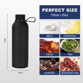 Ruiyuan Sports Water Bottle Stainless Steel Water Bottles 750 ml Leakproof Insulated Water Bottle BPA-Free Thermos Drink Bottle Reusable Drop Resistant Suitable for Sports and Travel（Black）