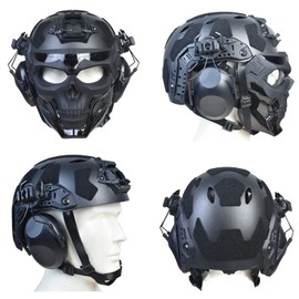 Tactical Full Airsoft Mask & Tactical Helmet with Tactical Headset,Ear Hearing Protection Noise Cancelling,Full Face Skull Mask Clear Goggle Paintball Gear (T-Black Helmet)