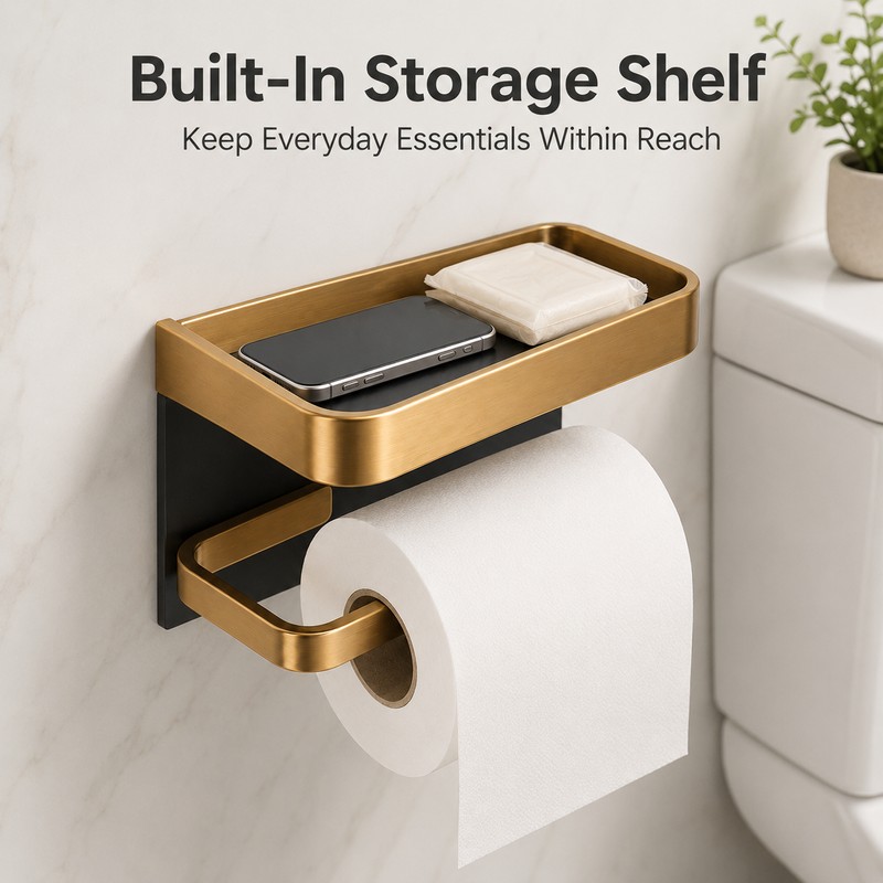 Aluminum Toilet Paper Holder with Shelf – No-Drill Black Gold