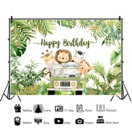 Tincceer Happy Birthday Background 1.5 x 1 m Jungle Animals Safari Palm Leaf Birthday Background Cute Lion Elephant Hippo Baby Shower Party Banner Vinyl Photo Booth Prop
