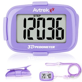 AVTREK Step Counter with Clip and Lanyard, 3D Pedometer Step Counter With Time Display and LED Backlight, Simple Step Counter for Walking Running, Men Women Elder(Purple)