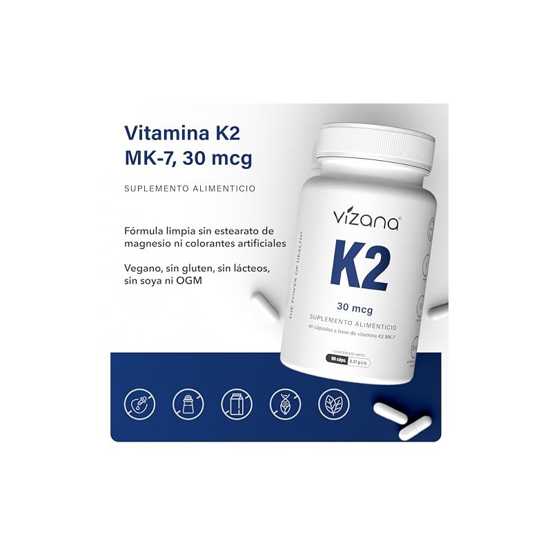 VIZANA NUTRITION | Vitamina K2-mK7 en Cápsulas HPMC Vegetarianas (90