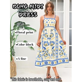 ChiaoLezhee Boho Midi Dresses for Women, A-Line Floral Sundress, Empire-Waist Spaghetti-Straps Flowy Long Dress,Blue and Yellow,Large