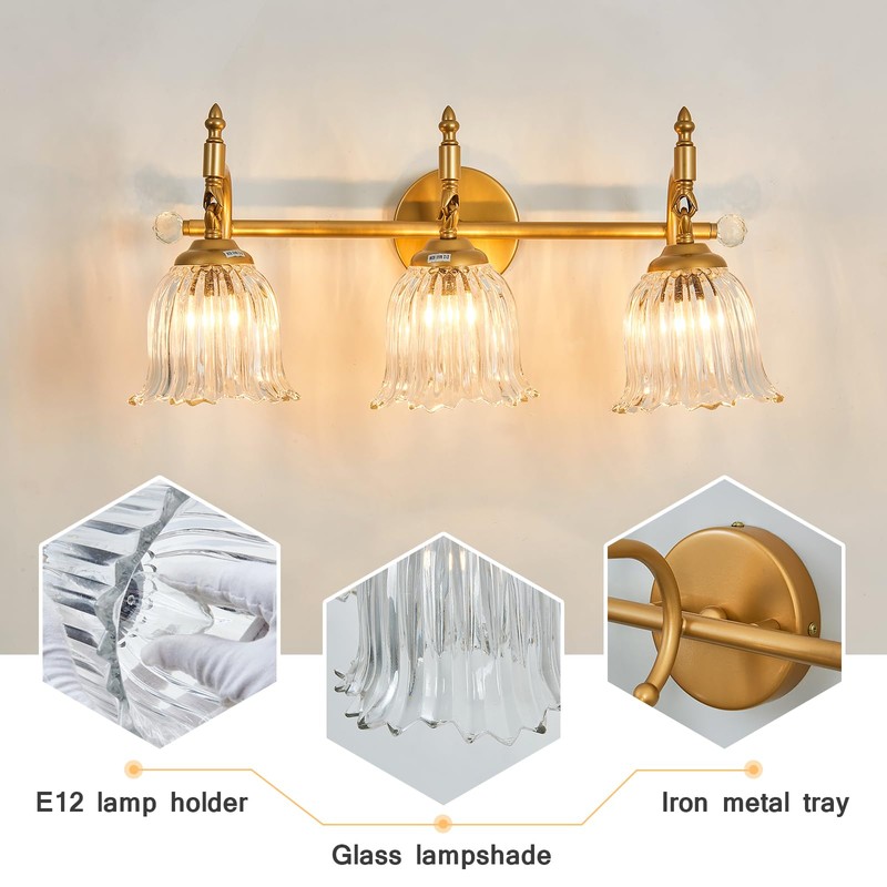 CVKASH 3-Light Bathroom Vanity Light Fixtures Over Mirror,Brushed Gold Modern