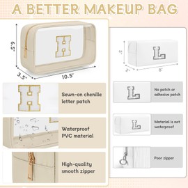OUUTMEE Personalisierte Kosmetiktasche mit Anfangsbuchstaben, transparent, Reise-Kosmetiktasche, wasserdichte Kulturtasche mit Reißverschluss für Teenager, Mädchen und Frauen(Beige, H)