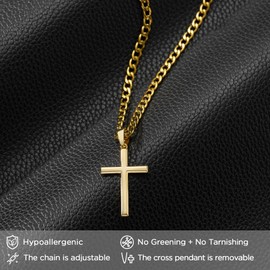 NORBU 18K Gold Over 925 Sterling Silver Cross Necklace for Men/Women, Hypoallergenic Stainless Steel 4mm Cuban Chain with Cross Pendant, Religious Jewelry Gifts for Men, Gold/Small,18 inch