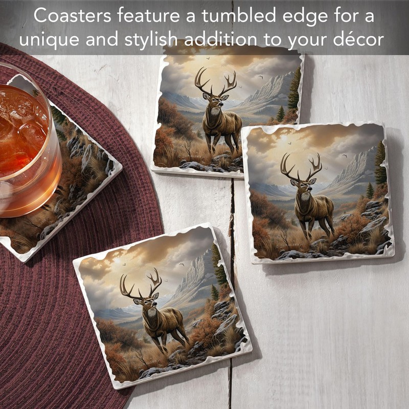 Thirstystone Woodland Deer 4-Pack Tumbled Tile Stone Coasters with Protective