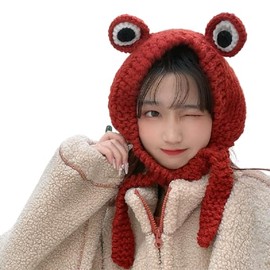 ANKOMINA Women Girls Frog Headband Hat Cute Crochet Knitted Winter Beanie Cap Big Eye Frog Earflap Ear Protective Photo Props Red