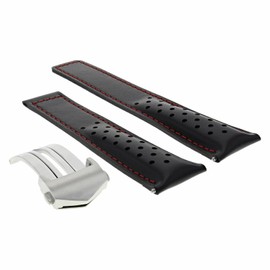 Ewatchparts Leather Watch Band Strap Clasp 22mm Compatible With Tag Heuer Carrera F1 Black With With Red Stitching Perforated