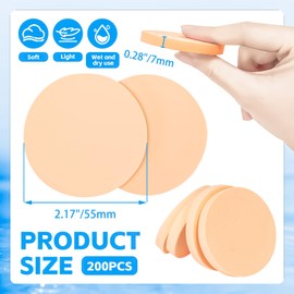 MotBach 200 PCS White Round Makeup Sponge, Cosmetic Sponge Round Foam Pad Eye Facial Powder Puff, Beauty Makeup Foundation Powder Blender for Women Lady All Skin Types Wet and Dry Dual Use